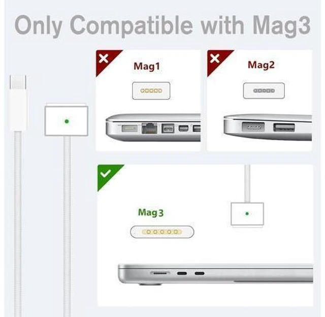 Alt view image 9 of 14 - 70W USB-C to Mag 3 Charger for Mac Book Pro Air 16 15 14 13 Inch M4 M3 M2 M1 from 2025 2024 2023 2022 2021 as Original Quality with 6.6ft USBC to 3 Cable Compatible with All USB C Power Adapter