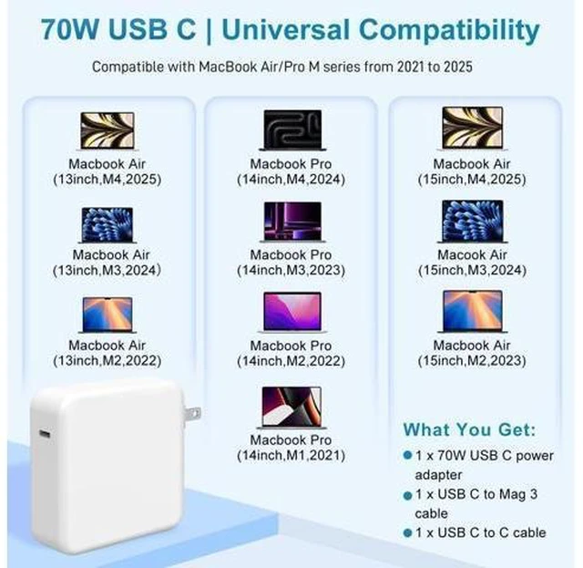 Alt view image 8 of 12 - Charger for Mac Book Air 15 13 Inch Mac Book Pro14 Inch M4 M3 M2 M1 from 2025 2024 2023 2022 2021 70W USB-C to Mag 3 Power Adapter Include 6.6FT 5A USB-C to Magnetic 3 Cable (Original Quality)