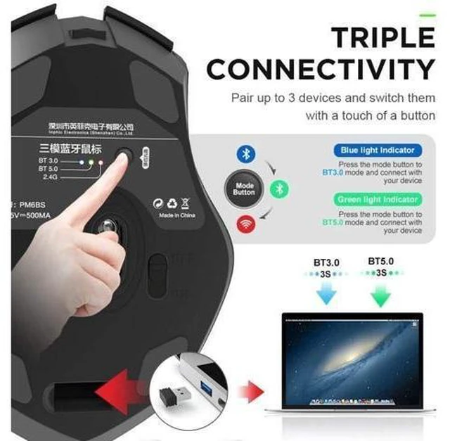 Alt view image 13 of 14 - Bluetooth Mouse, Inphic Multi-Device Silent Rechargeable Bluetooth Wireless Mouse (Tri-Mode: BT 5.0/3.0+2.4G), 1600DPI Ergonomic Portable Mouse for Laptop PC Computer,Windows Mac OS