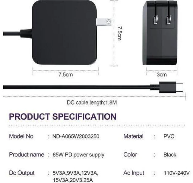 Alt view image 11 of 14 - USB-C 65W 45W AC Adapter Laptop Charger for Chromebook ZenBook Transformer ExpertBook C302C C213 C214 C436 C523 ADP-45EW B UX390UA UX490 UX325 UX393 UX371 B9450FA B9450CEA T302 Foldable Plug