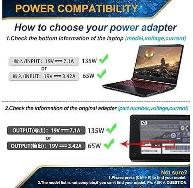 Alt view image 11 of 12 - 135W AC Charger Fit for Acer Nitro 5 Gaming Laptop, acer Nitro 5 an515-55-53e5 AN515-51 N18C3 AN515-41 AN515-53 AN515-52 AN515-43 AN515-54 AN517-51 N18C4 AN515-44-R99Q Adapter Power Supply Cord