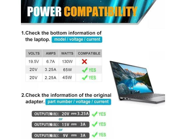 Alt view image 9 of 14 - 65W 60 Watt Replacement for Laptop Charger AC Adapter Replacement for USB C Charger Latitude 5420 5520 5320 7420 5430 7390 7320XPS 13 Chromebook 3100 Computer Type C Fast Charging Power Cord