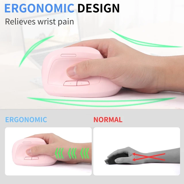 Alt view image 8 of 10 - Bluetooth Mouse,Ergonomic Vertical Mouse Wireless Rechargeable Mice Dual Mode (Bluetooth & USB), Vertical Optical Mice with USB Receiver, 6 Buttons 1600 DPI for Laptop,Computer, Mac, Windows(pink)