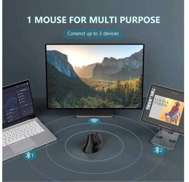 Alt view image 11 of 14 - Ergonomic Mouse Wireless Vertical Mouse - Rechargeable Optical Mice for Multi-Purpose (Bluetooth 5.0 + Bluetooth 3.0 + USB Connection) Compatible Apple Mac and Windows Computers - Black