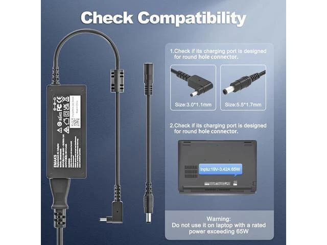 Alt view image 12 of 12 - 65W Laptop Charger for Aspire 1 3 5 A515-44 A515-45 A515-46 A515-54 A515-54G A515-55 A515-56 A514-54A315-24P A315-24PT A315-58 A315-59 A315-23 A314-23P 15 AG15-31P:A515-54G-54QQ A315-24P-R7VH