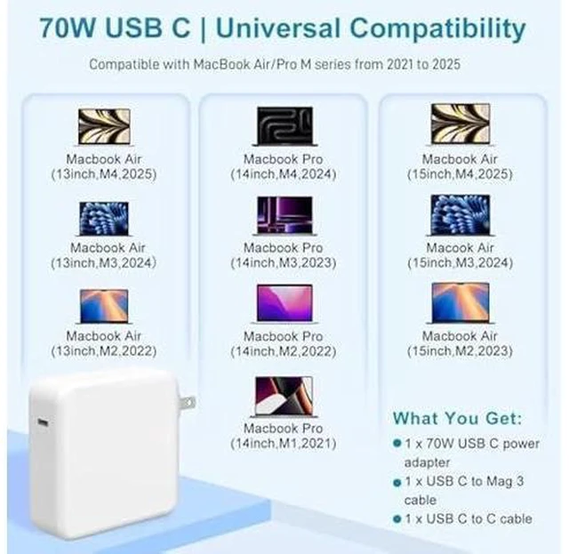 Alt view image 8 of 12 - Charger for MacBook Air 15 13 Inch Mac Book Pro14 Inch M4 M3 M2 M1 from 2025 2024 2023 2022 2021 70W USB-C to Mag 3 Power Adapter Include 6.6FT 5A USB-C to Mag 3 Cable (Original Quality)