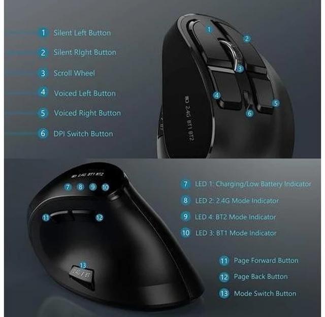 Alt view image 12 of 14 - Ergonomic Mouse Wireless Vertical Mouse - Rechargeable Optical Mice for Multi-Purpose (Bluetooth 5.0 + Bluetooth 3.0 + USB Connection) Compatible Apple Mac and Windows Computers - Black