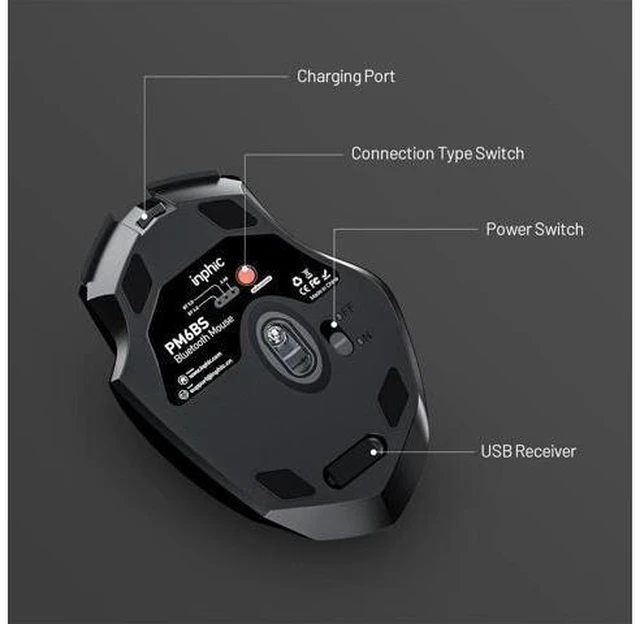 Alt view image 13 of 14 - Inphic Bluetooth Mouse, Multi-Device Silent Rechargeable Bluetooth Wireless Mouse (Tri-Mode: BT 5.0/4.0+2.4G), 1600DPI Ergonomic Portable Mouse for Laptop PC Computer,Smartphone,Windows Mac OS, Black