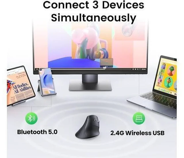 Alt view image 10 of 14 - Vertical Wireless (Bluetooth 5.0+2.4G) Ergonomic Mouse with 5 Buttons 1000/1600/2000/4000 DPI Pre of Mouse Arm Vertical Mouse Compatible with PC/Laptop/Tablet Black