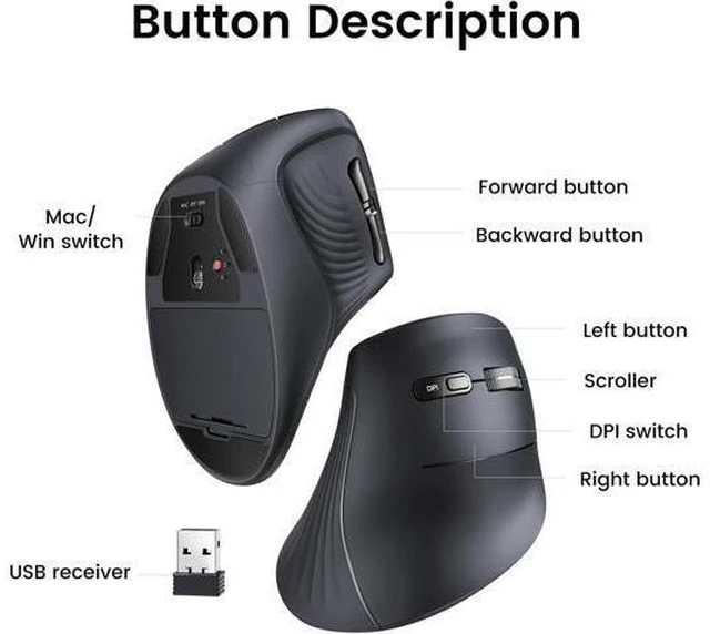 Alt view image 13 of 14 - Vertical Wireless (Bluetooth 5.0+2.4G) Ergonomic Mouse with 5 Buttons 1000/1600/2000/4000 DPI Pre of Mouse Arm Vertical Mouse Compatible with PC/Laptop/Tablet Black