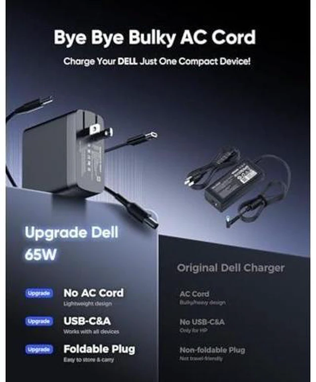 Alt view image 8 of 10 - 65W Dell Charger for Laptop, Dell Computer Charger USB-C for XPS, Inspiron, Latitude and Vostro Models, Power Cord 4.5 * 3.0 mm and 7.5 * 3.0 mm Compatible with Both 65W 45W (Foldable AC Plug)