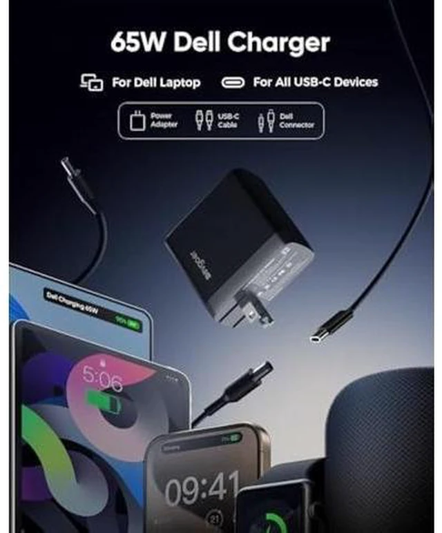 Alt view image 7 of 10 - 65W Dell Charger for Laptop, Dell Computer Charger USB-C for XPS, Inspiron, Latitude and Vostro Models, Power Cord 4.5 * 3.0 mm and 7.5 * 3.0 mm Compatible with Both 65W 45W (Foldable AC Plug)