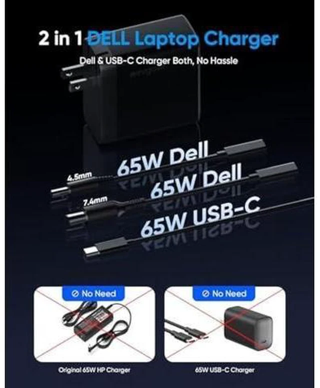 Alt view image 9 of 10 - 65W Dell Charger for Laptop, Dell Computer Charger USB-C for XPS, Inspiron, Latitude and Vostro Models, Power Cord 4.5 * 3.0 mm and 7.5 * 3.0 mm Compatible with Both 65W 45W (Foldable AC Plug)