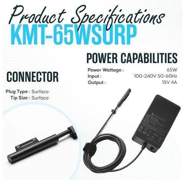 Alt view image 10 of 14 - 65W 15V 4A Surface Pro Laptop Charger - Power Supply AC Adapter 100-240V 50-60Hz for Surface Pro 10/9/8/7/7+/6/5/4/3/X Windows Surface Laptop 6/5/4/3/2/1/Surface Go Tablet Surface Book 3/2/1