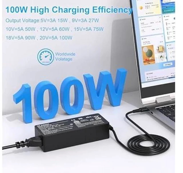 Alt view image 9 of 14 - USB C Laptop Charger 100W USB C Charger Universal Fast Charger Compatible with Lenovo MacBook Pro, MacBook Air,HP,Asus,Acer,MSI,Dell Type C AC Adapters Compatible with 90W 65W 45W PD 3.0 Power Cord