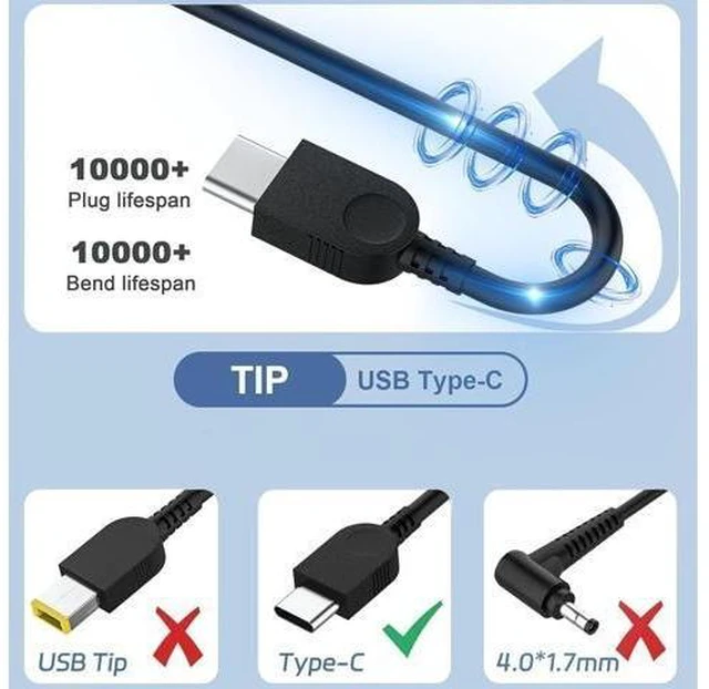 Alt view image 9 of 14 - 65W USB C Type c AC Charger Compatible with ThinkPad E580 E585 E590 E590S E595 T480 T490 T580 Yoga C940 C740 thinkbook ADLX65YCC3A Laptop Power Supply Adapter Cord