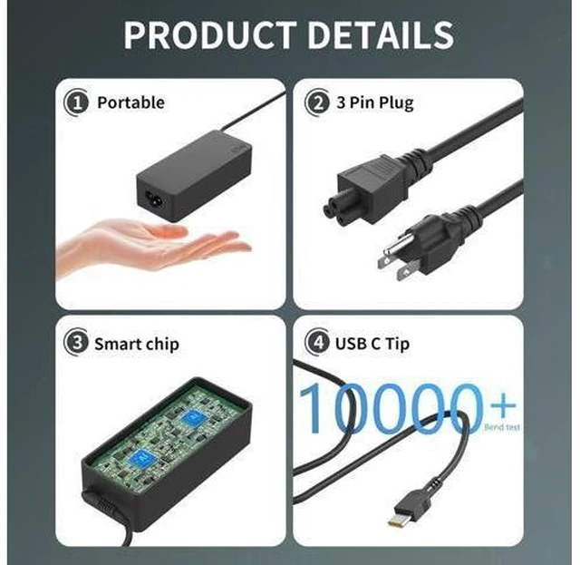 Alt view image 11 of 14 - 65W USB C Type c AC Charger Compatible with ThinkPad E580 E585 E590 E590S E595 T480 T490 T580 Yoga C940 C740 thinkbook ADLX65YCC3A Laptop Power Supply Adapter Cord