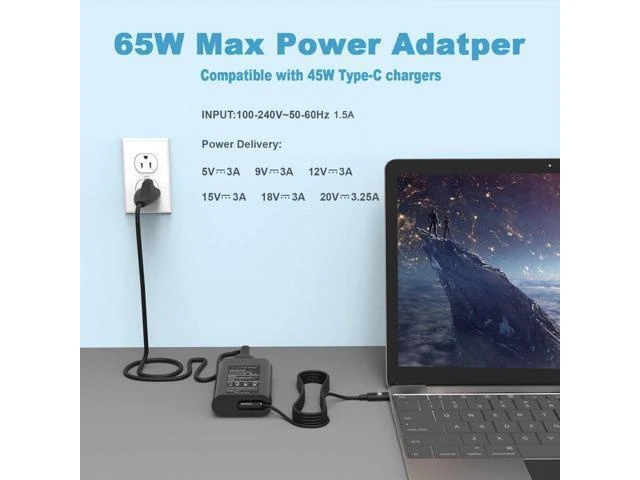 Alt view image 9 of 14 - 65W 45W USB C Laptop Charger for Latitude 5420 7420 5520 5440 5540 7440 5430 5530 7430 7330 7400 7410 5320 5450 7450 2in1 Power Cord Computer Type C AC Adapter for XPS 13 Chromebook 3100