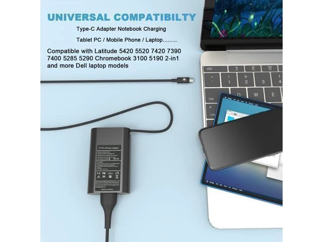 Alt view image 13 of 14 - 65W 45W USB C Laptop Charger for Latitude 5420 7420 5520 5440 5540 7440 5430 5530 7430 7330 7400 7410 5320 5450 7450 2in1 Power Cord Computer Type C AC Adapter for XPS 13 Chromebook 3100