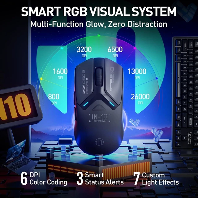 Alt view image 14 of 14 - IN10P Lightweight Wireless Gaming Mouse, Tri-Mode Wireless Mouse with Bluetooth/ 2.4G/ USB-C Wired, 60g Superlight, PAW3395 26K DPI Sensor, 8kHz Polling Rate, Fully Programmable, Black