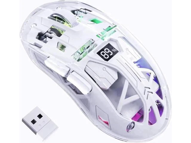 Alt view image 8 of 14 - Transparent Wireless Gaming Mouse, Dual Mode BT 5.0/2.4G PC Gaming Mice, PixArt 3212 5 Adjustable DPI, Rechargeable Silent Mouse with Digital Screen, RGB Backlight Mouse for Win/Mac(White)