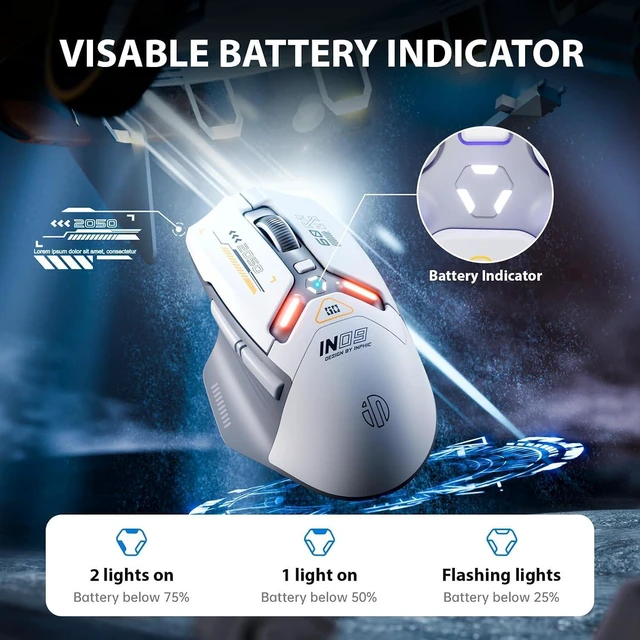 Alt view image 12 of 14 - IN9 Wireless Gaming Mouse, Real Tri-Mode 2.4G Wireless/Type-C Wired/Bluetooth Mouse, 10k DPl, Fully Programmable, RGB Lighting, Hyperspeed Rechargeable Wireless Mouse for Laptop PC Computer Mac