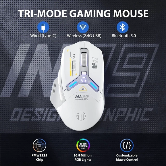 Alt view image 14 of 14 - IN9 Wireless Gaming Mouse, Real Tri-Mode 2.4G Wireless/Type-C Wired/Bluetooth Mouse, 10k DPl, Fully Programmable, RGB Lighting, Hyperspeed Rechargeable Wireless Mouse for Laptop PC Computer Mac