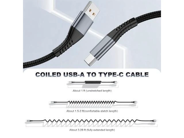 Alt view image 9 of 14 - 2Pack USB C Charger for Car Coiled USB A to USB-C Cable Retractable - 3A Fast Charging & Tangle-Free Braided Type-C Cord for iPhone 17/16/15 Series/Pixel/Moto/LG and More (Flexible 1-3Ft)