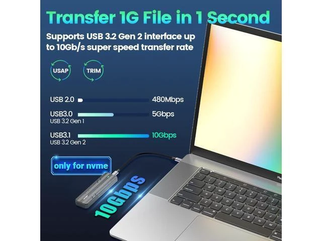 Alt view image 8 of 12 - M.2 NVMe SSD Aluminum Enclosure USB3.2 Gen2 10Gbps JMS583 Chip Supports 2230/42/60/80 SSD Multi-Size