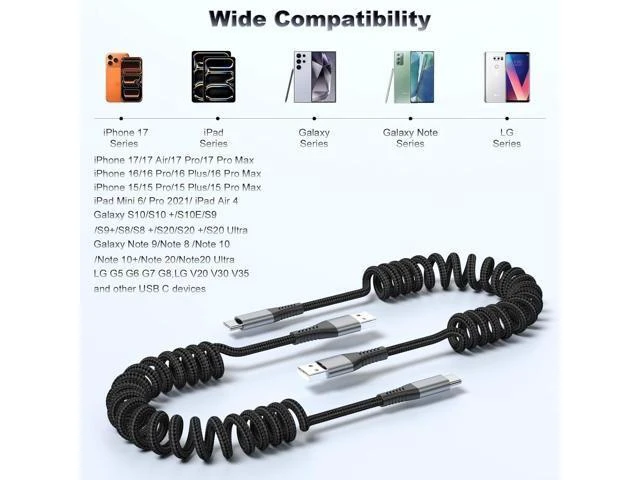 Alt view image 11 of 14 - 2Pack USB C Charger for Car Coiled USB A to USB-C Cable Retractable - 3A Fast Charging & Tangle-Free Braided Type-C Cord for iPhone 17/16/15 Series/Pixel/Moto/LG and More (Flexible 1-3Ft)