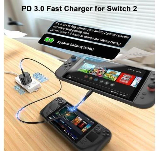 Alt view image 9 of 14 - Switch 2 Charger 60W PD 3.0 Fast Charging for Nintendo Switch 2 Steam Deck Rog Ally with 5FT USB C to C Cable Power Supply Ac Adapter for Laptops Smart Phone Tablet
