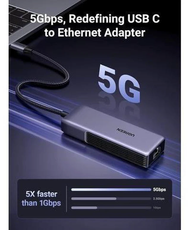 Alt view image 9 of 14 - UGREEN USB C to Ethernet Adapter 5Gb, Ethernet Adapter for Laptop, Aluminum with Thermal Design, Type C (Thunderbolt 5/4/3 Compatible) to RJ45 Network LAN Internet, Compatible for MacBook Air/Pro, XPS