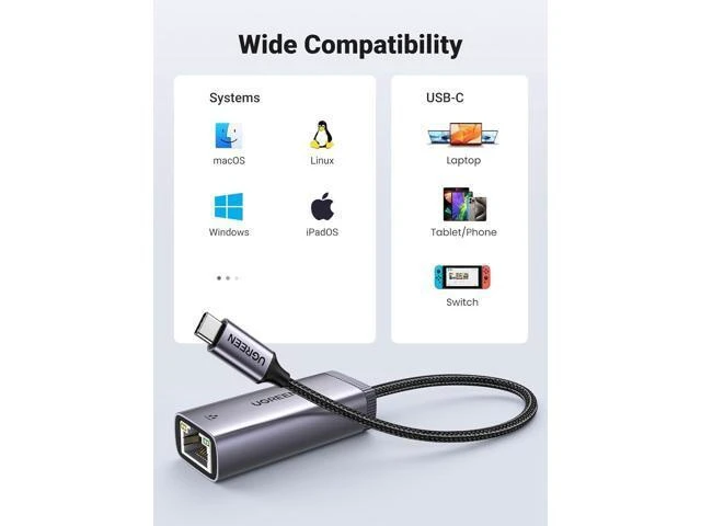 Alt view image 12 of 14 - UGREEN USB C to Ethernet Adapter to 10 100 1000 Mbps Gigabit LAN Network Adapter RJ45 Internet Adapter Compatible with Nintendo Switch Laptop PC MacBook Surface XPS and More