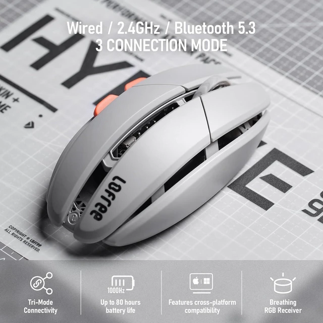 Alt view image 10 of 14 - Hypace Ultra-Lightweight Wireless Gaming Mouse, 47g, PAW3950 Sensor, 40K DPI, 8K Polling Rate, Mg Alloy Frame, Tri-Mode(Bluetooth/2.4GHz/Wired), 100Hrs Battery for PC/Mac (Ghost) Crayon Grey