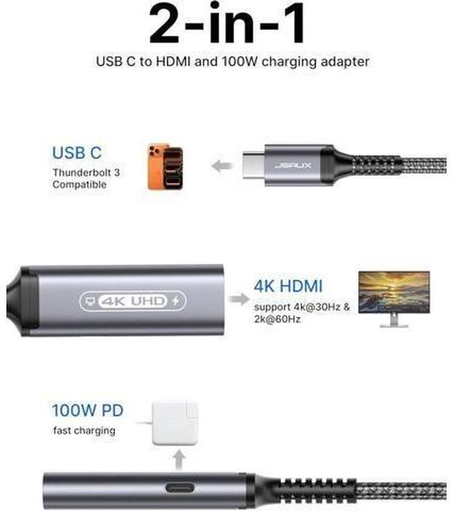 Alt view image 10 of 14 - USB C to HDMI with PD Charger Adapter 2-in-1 Type C to HDMI 4K@30Hz/100W Charging Compatible with iPhone 17 Pro Max/Air/ 16 Pro Max/15 Pro Max S24/S23 MacBook Steam Deck ROG Ally