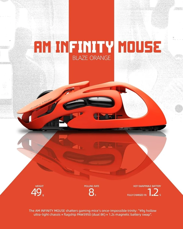 Alt view image 11 of 14 - Infinity Gaming Wireless Mouse 49g Ultralight Metal Design, 30000 DPI PAW3950 Sensor, Dual 8K Polling, Hot-Swappable Battery, Tri-Mode 2.4G/Bluetooth/Wired RGB Gaming Mouse- Blaze Orange