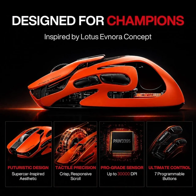 Alt view image 9 of 14 - Infinity Gaming Wireless Mouse 49g Ultralight Metal Design, 30000 DPI PAW3950 Sensor, Dual 8K Polling, Hot-Swappable Battery, Tri-Mode 2.4G/Bluetooth/Wired RGB Gaming Mouse- Blaze Orange