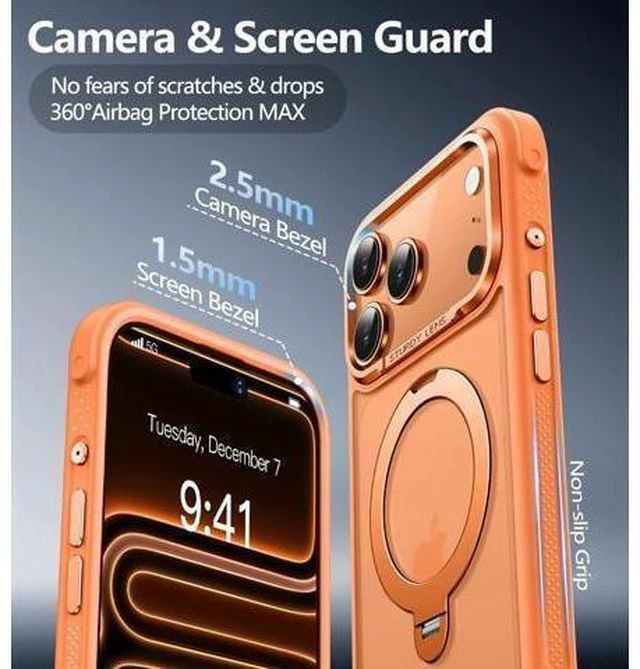 Alt view image 12 of 14 - Magnetic for iPhone 17 Pro Max Case Military Drop Protection Compatible with MagSafe Slim Translucent Matte Shockproof Protective Phone Case with 360°Spin Stand 6.9 Cosmic Orange