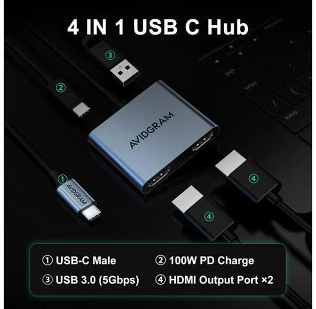 Alt view image 9 of 14 - USB C to Dual HDMI Adapter 4K 30Hz USB C Hub Multiport Adapter with Dual HDMI USB 3.0 100W PD Support USB C to HDMI Splitter Extended Display for Laptop (MST is not Supported on macOS)