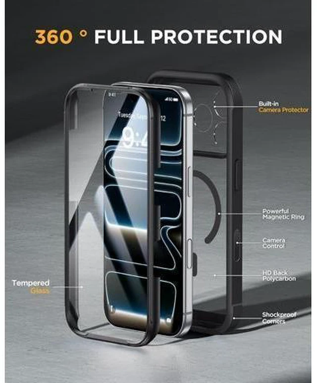 Alt view image 9 of 14 - for iPhone 17 Pro Case 6.3 Full-Body Bumper Military Drop Protection Outdoor Phone Case with Built-in Glass Screen & Full Camera Protector Camera Control Compatible with MagSafe Black