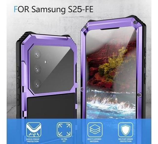 Alt view image 9 of 12 - Compatible with Galaxy S25 FE Case Metal Heavy Duty Phone Case Built-in Screen Protector Full Body Protective Dust Proof Military Grade Rugged 2025 Purple