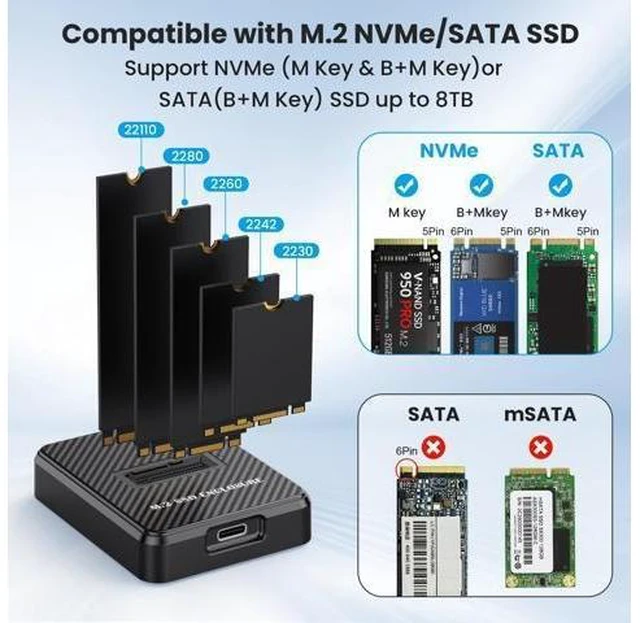 Alt view image 7 of 10 - NVMe & SATA M.2 Reader/Writer, M.2 SSD to USB-A/C Reader Adapter Compatible with (M Key, B+M Key) NVMe and SATA NGFF SSD Dock, Size for 2280 2260 2242 2230 Portable Plastic Enclosure