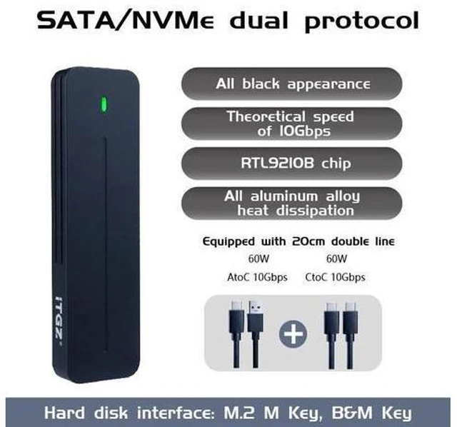 Alt view image 10 of 14 - Dual Protocol M.2 Enclosure USB 3.2 Gen2 10Gbps High-Speed Type-C Aluminum Alloy Case Works NVMe SATA SSDs