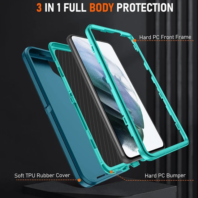 Alt view image 9 of 14 - for Galaxy S21 Case Galaxy S21 Case with 2Pcs HD Screen Protector Military Grade 3 in 1 Shockproof/Dustproof/Drop Proof Military Grade Protective Cover for S21 -Green