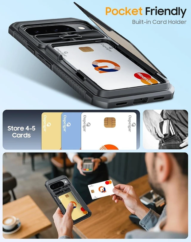 Alt view image 10 of 14 - for Google Pixel 10 Pro Case with Card Holder & RFID Blocking & Sliding Camera Cover & Kickstand Non-Slip Full-Body Shockproof Wallet Phone Case for Pixel 10 Pro (Black)