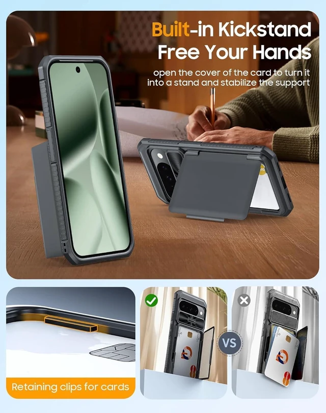Alt view image 12 of 14 - for Google Pixel 10 Pro Case with Card Holder & RFID Blocking & Sliding Camera Cover & Kickstand Non-Slip Full-Body Shockproof Wallet Phone Case for Pixel 10 Pro (Black)