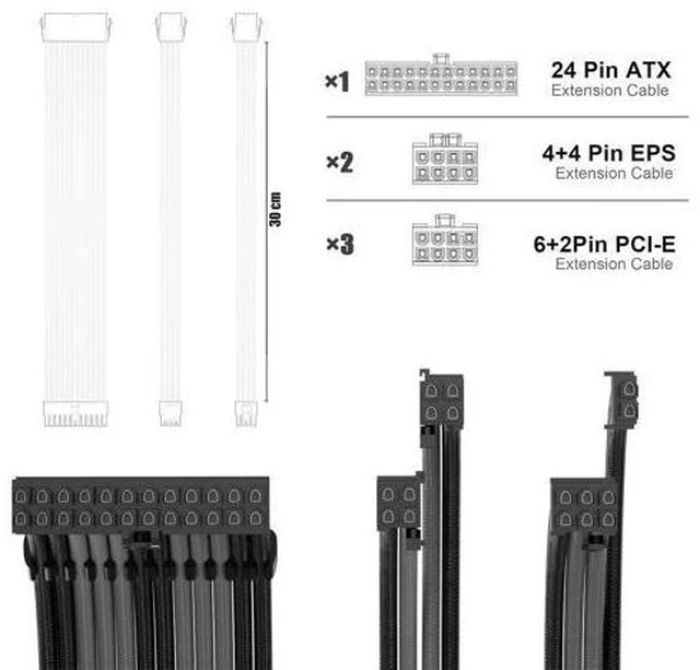 Alt view image 9 of 12 - PSU Cable Extension Kit 30CM Length with Two Sets of Cable Combs,1x24Pin/2x8Pin(4+4)/3x8Pin(6P+2P) PC Sleeved Cable for ATX Power Supply (Black/Gray), A-11
