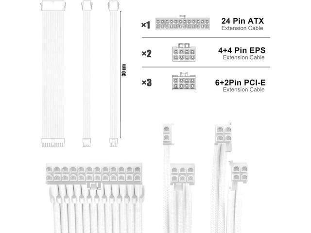 Alt view image 7 of 10 - JVFYI PSU Cable Extension Kit 30CM Length with Combs,1x24Pin/2x8Pin(4+4) EPS/3x8Pin(6P+2P) PCI-E/PC Sleeved for ATX Power Supply