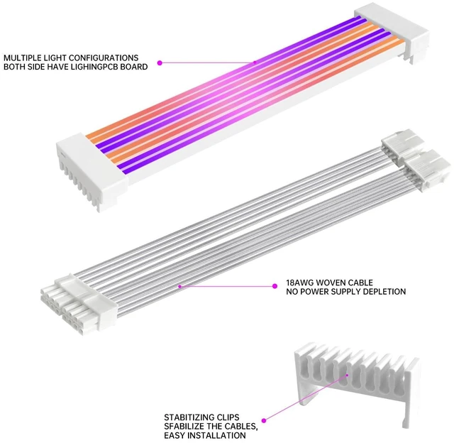 Alt view image 8 of 12 - 2x8 Pin RGB GPU Cable, PCIE RGB PSU Cables 5V 3Pin ARGB Graphics Card Power Supply Extension,for PC Build,Four Sides Lighting Strips.