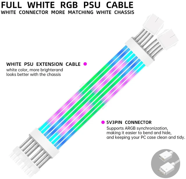 Alt view image 9 of 12 - 2x8 Pin RGB GPU Cable, PCIE RGB PSU Cables 5V 3Pin ARGB Graphics Card Power Supply Extension,for PC Build,Four Sides Lighting Strips.